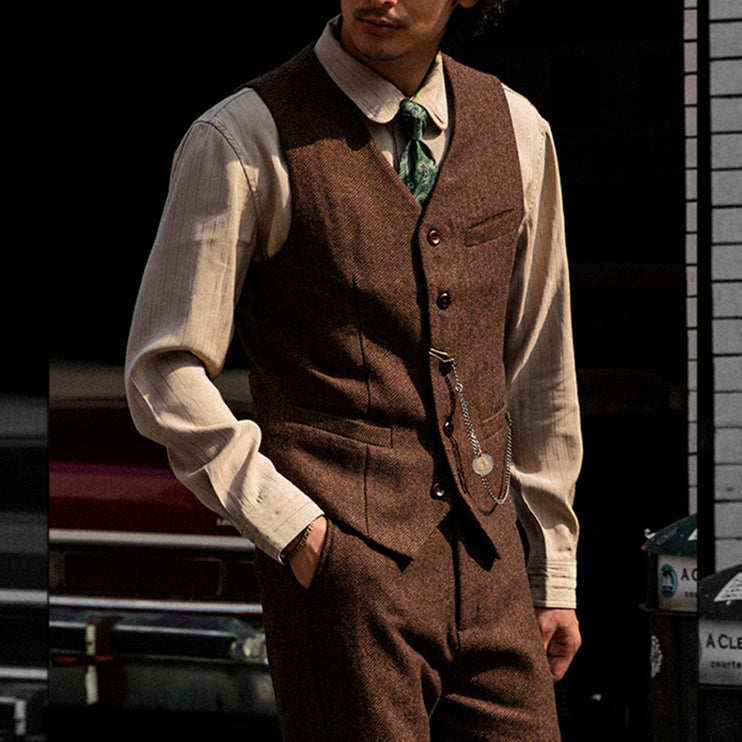 Retro Large Size Wool Herringbone Waistcoats