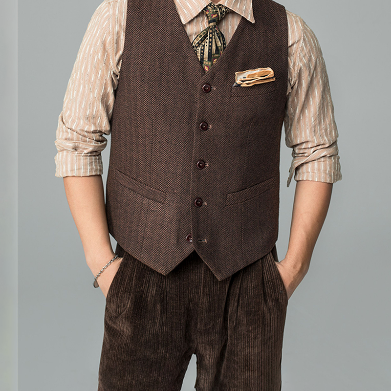 Retro Large Size Wool Herringbone Waistcoats