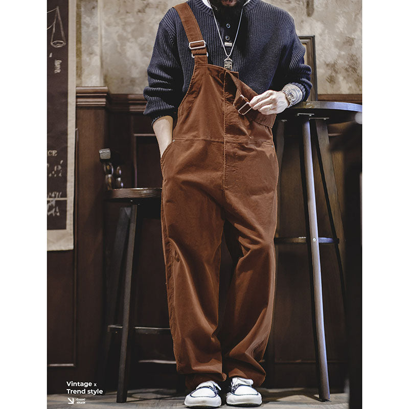 Retro Brown Corduroy Overalls Baggy Straight-leg One-piece Overall