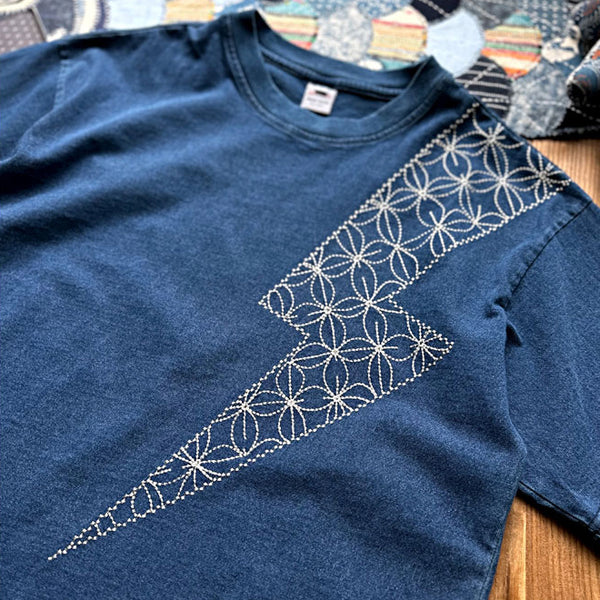 Indigo Dyed Stitches Decoration Lightning embroidery T-shirts