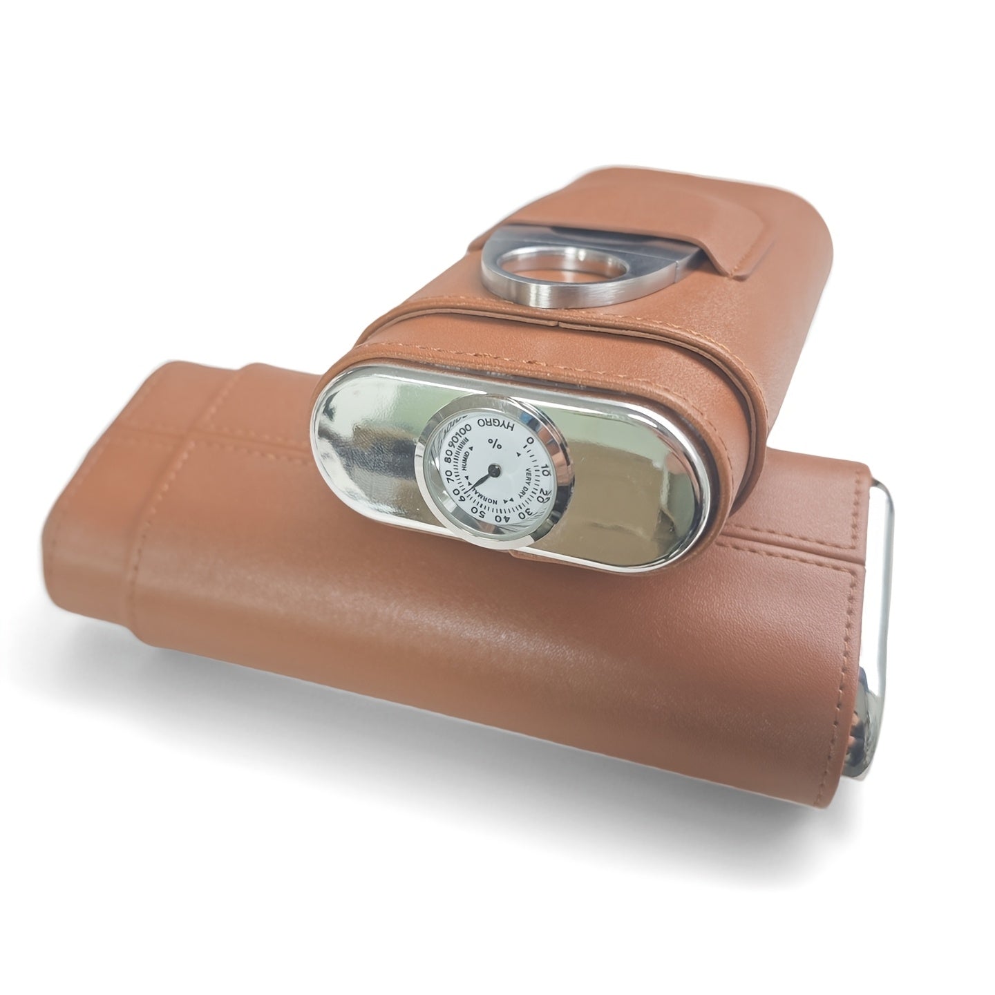 3-Cigar Genuine Leather Cigar Box with Top Hygrometer Display, Portable with Hygrometer Dial and Cedar Wood Lining
