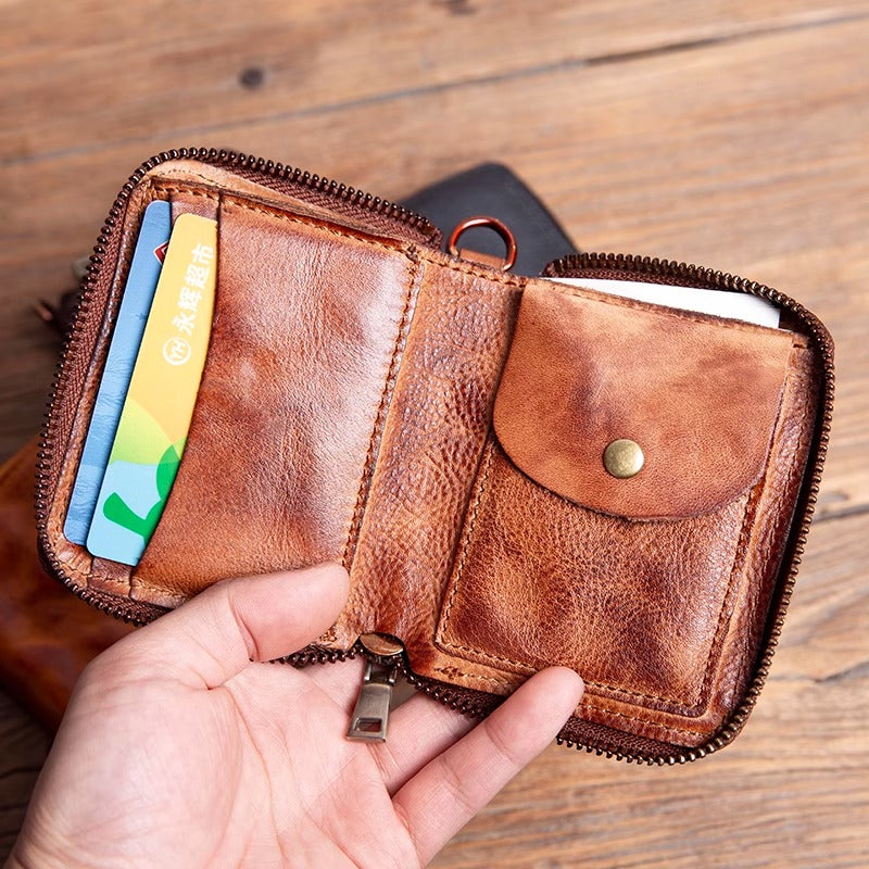 Retro Handmade Leather Zipper Small Wallet