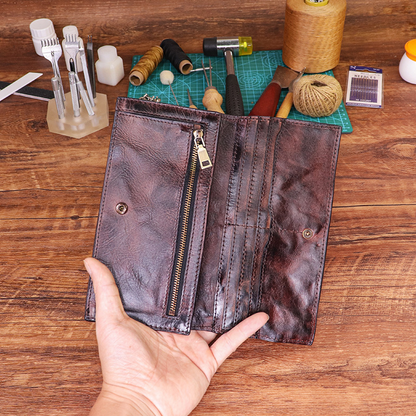 Handmade Vintage Long Wallet Made of Top-grain Vegetable-tanned Cowhide with Multiple Card Slots
