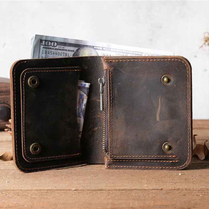 Retro Leather Handmade Zipper Short Wallet