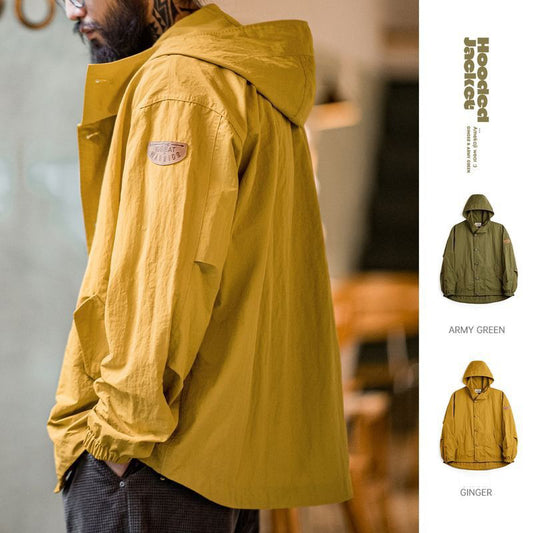 Retro Pleated Thin Hooded Jacket Textured Outdoor Loose Nylon Jacket