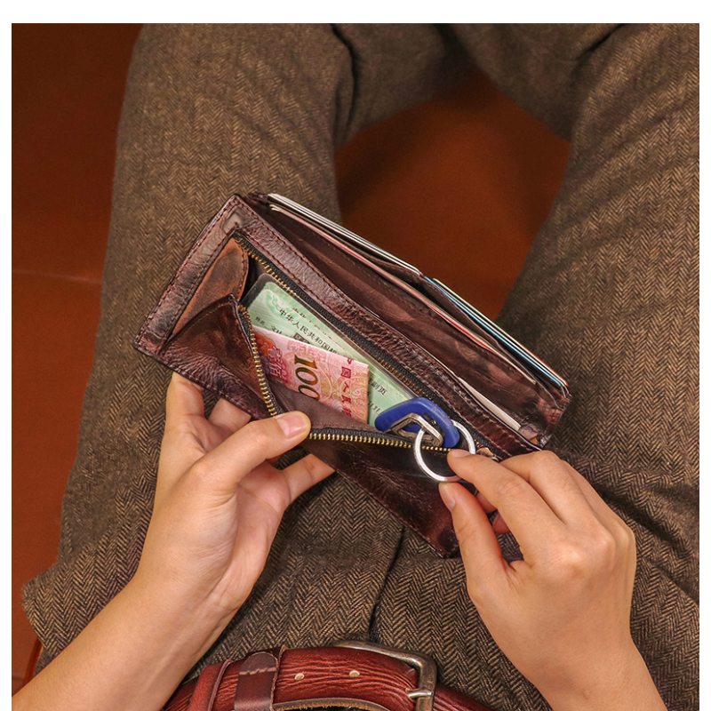 Handmade Vintage Long Wallet Made of Top-grain Vegetable-tanned Cowhide with Multiple Card Slots