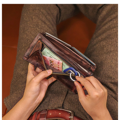 Handmade Vintage Long Wallet Made of Top-grain Vegetable-tanned Cowhide with Multiple Card Slots