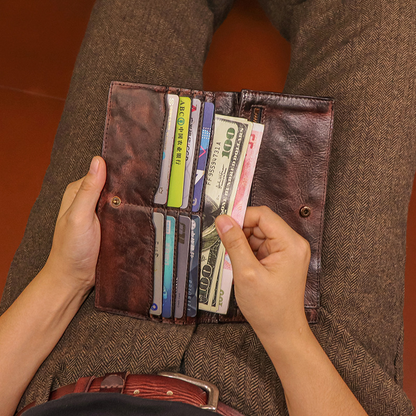 Handmade Vintage Long Wallet Made of Top-grain Vegetable-tanned Cowhide with Multiple Card Slots