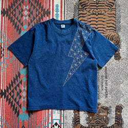 Indigo Dyed Stitches Decoration Lightning embroidery T-shirts