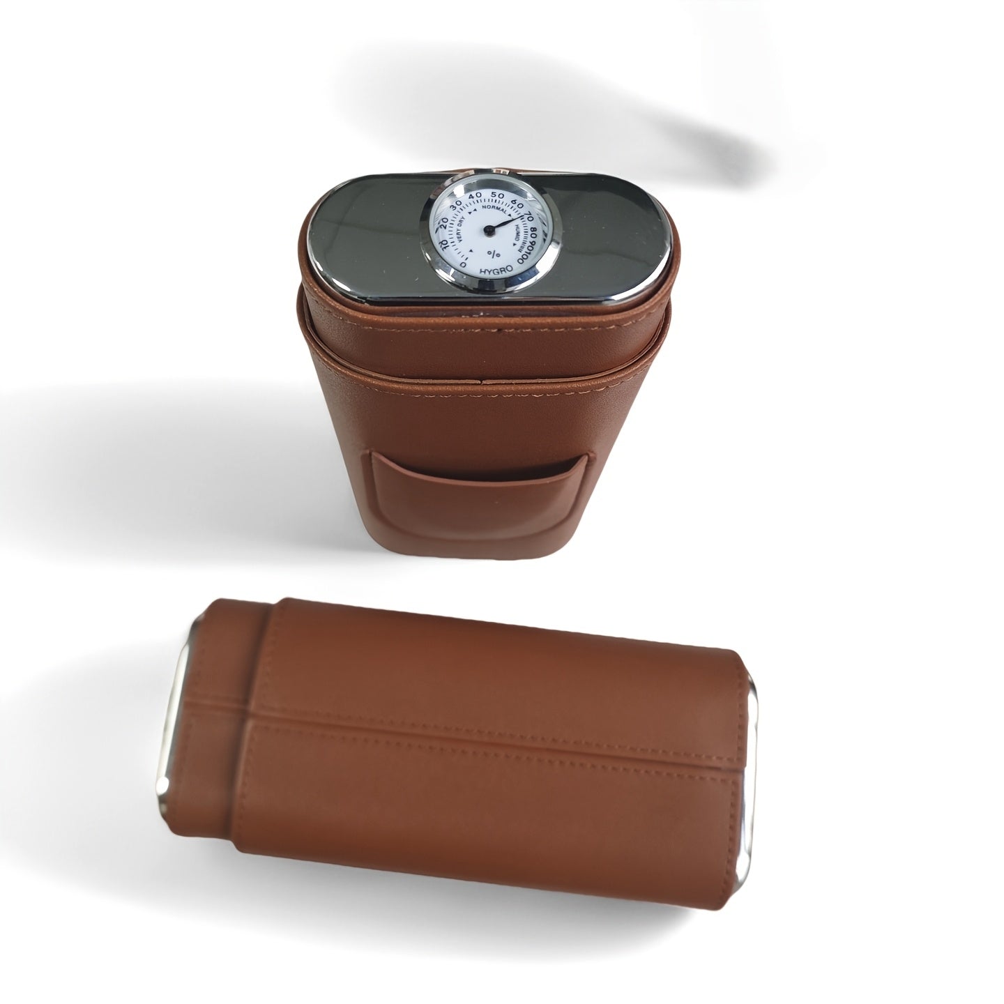 3-Cigar Genuine Leather Cigar Box with Top Hygrometer Display, Portable with Hygrometer Dial and Cedar Wood Lining