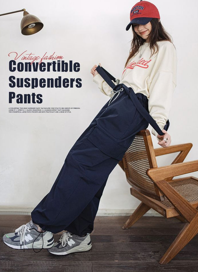 Retro Drawstring Overall Convertible Suspenders Pants