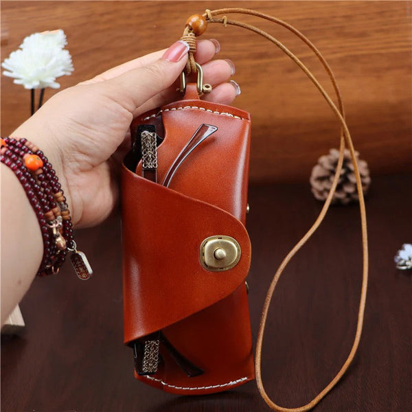 Retro Leather Glasses Case Portable Lanyard Storage Box