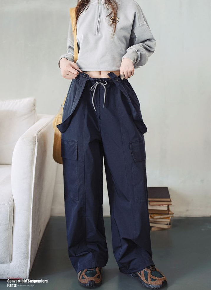 Retro Drawstring Overall Convertible Suspenders Pants