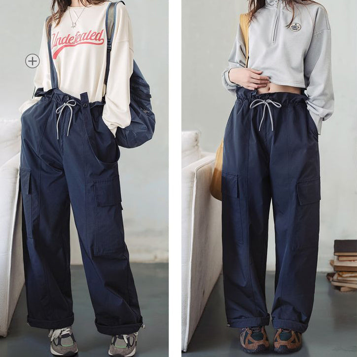 Retro Drawstring Overall Convertible Suspenders Pants