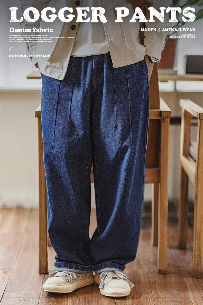 Retro Washed Denim Outline Baggy Wide-legged Casual Pants