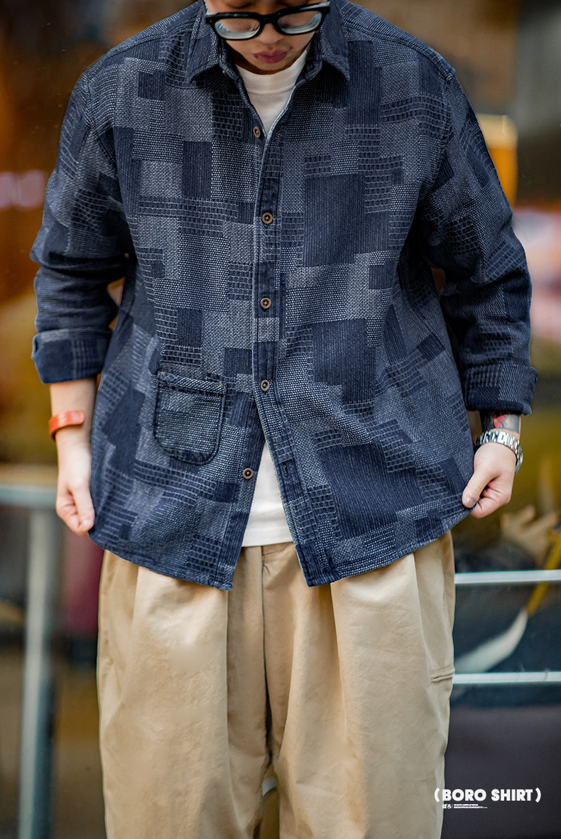 Retro Yarn-Dyed Denim Boro Shirts Autumn Jacket