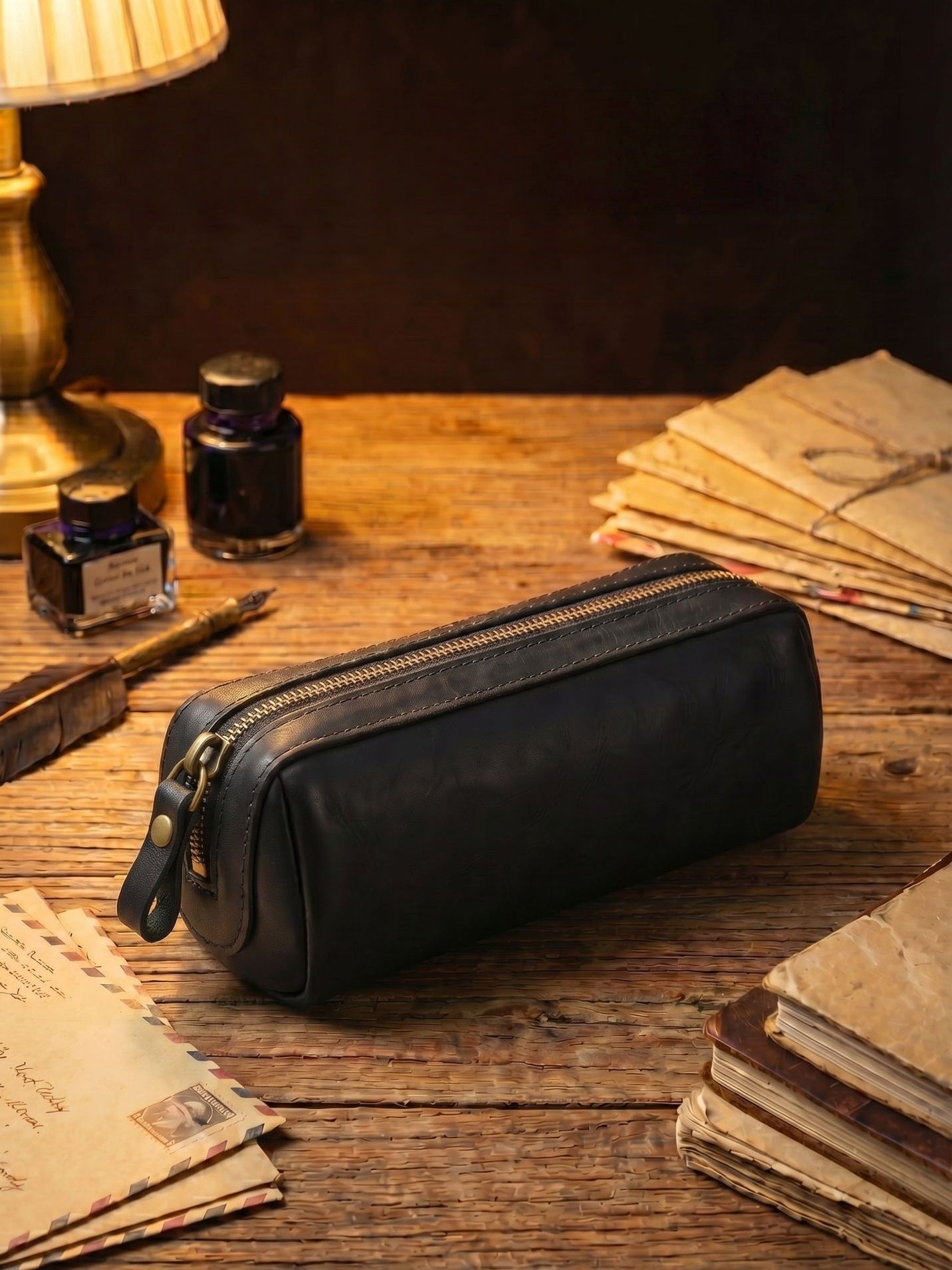 Retro Handmade Leather Pencil Case Travel Storage Bag Cosmetic Bag
