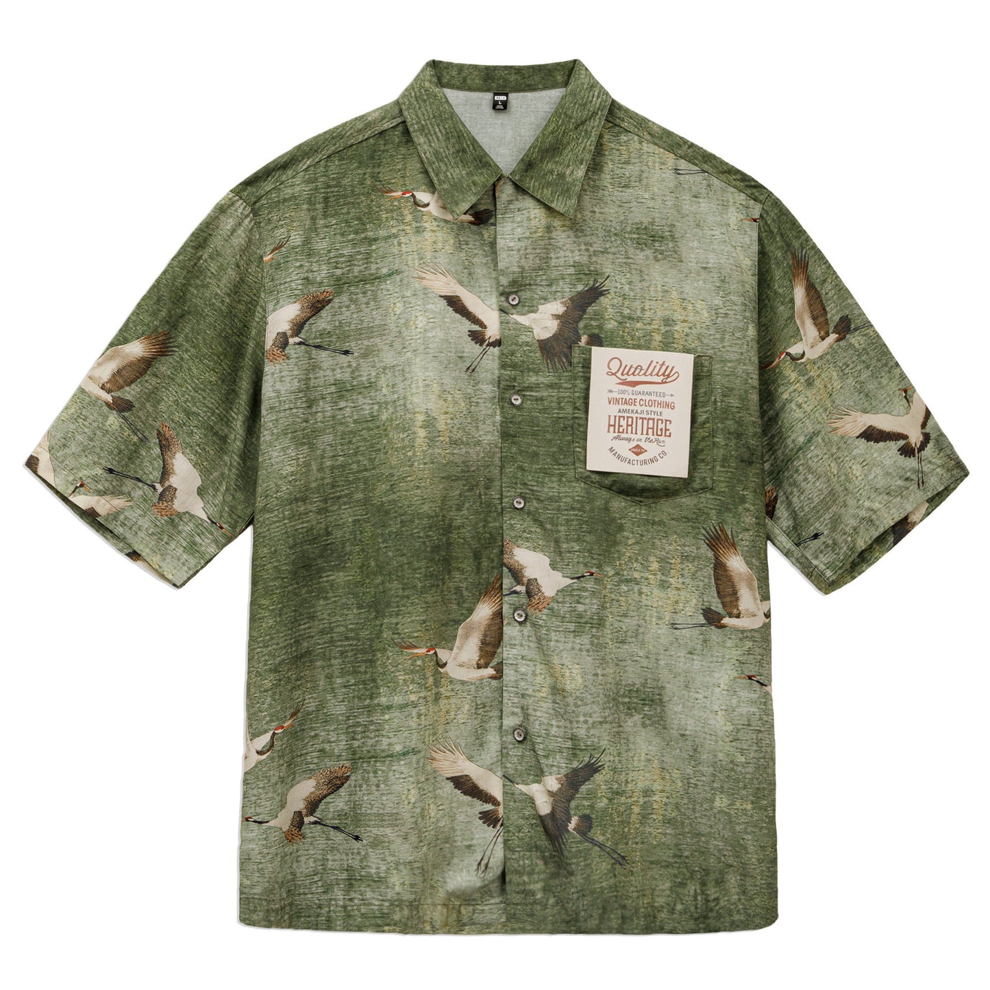 Retro Crane Print Breathable Short Sleeve Shirt