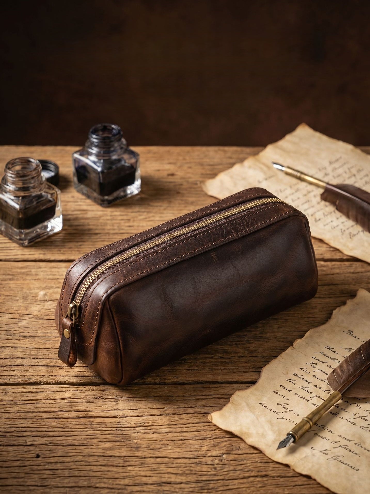 Retro Handmade Leather Pencil Case Travel Storage Bag Cosmetic Bag