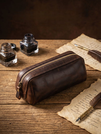 Retro Handmade Leather Pencil Case Travel Storage Bag Cosmetic Bag