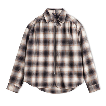 Vintage Plaid Zip Shirt Lapel Cotton Jacket Cardigan
