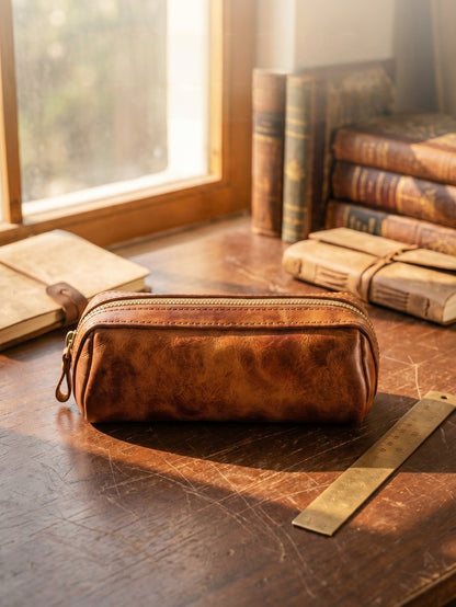 Retro Handmade Leather Pencil Case Travel Storage Bag Cosmetic Bag