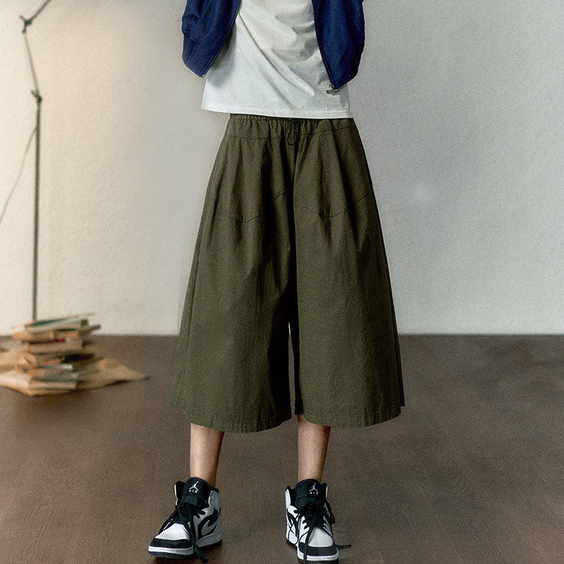 Retro Elastic Waist Green Cargo Culottes Pants