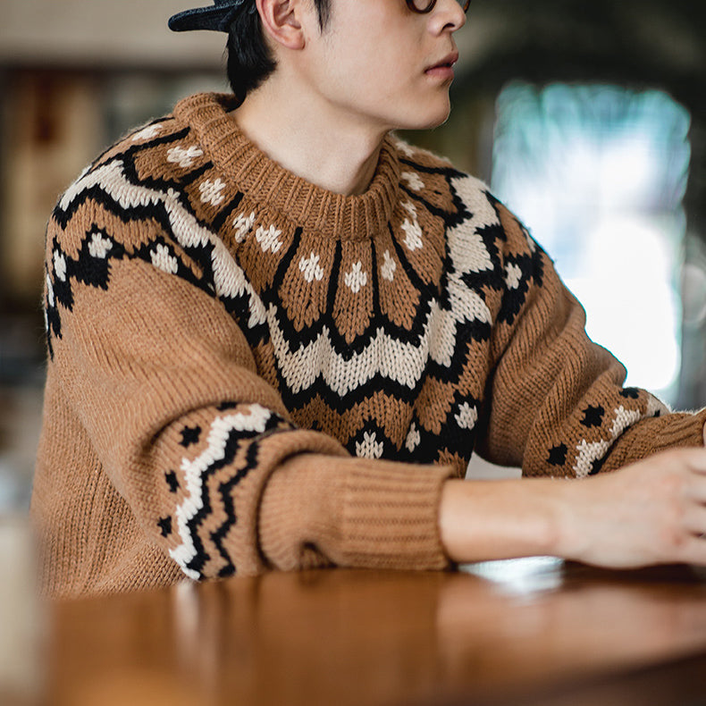 Retro Knitted Fair Isle Sweater in Khaki