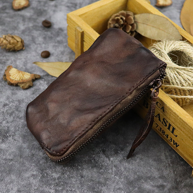 Retro Genuine Leather Short Zip Coin Purse Wallet