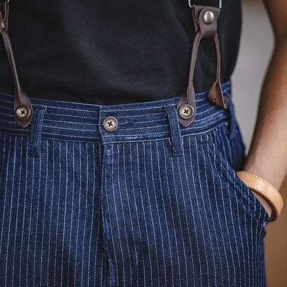 Men's Canvas Striped Naval Dungaree In Blue Scottish Plaid Salvaged Jeans