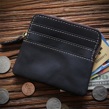 Retro Handmade Leather Zipper Card Holders Wallets