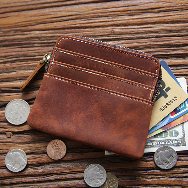 Retro Handmade Leather Zipper Card Holders Wallets