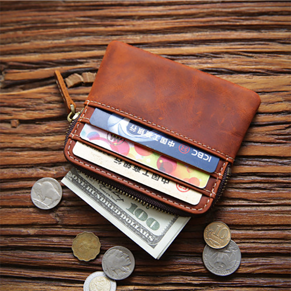 Retro Handmade Leather Zipper Card Holders Wallets