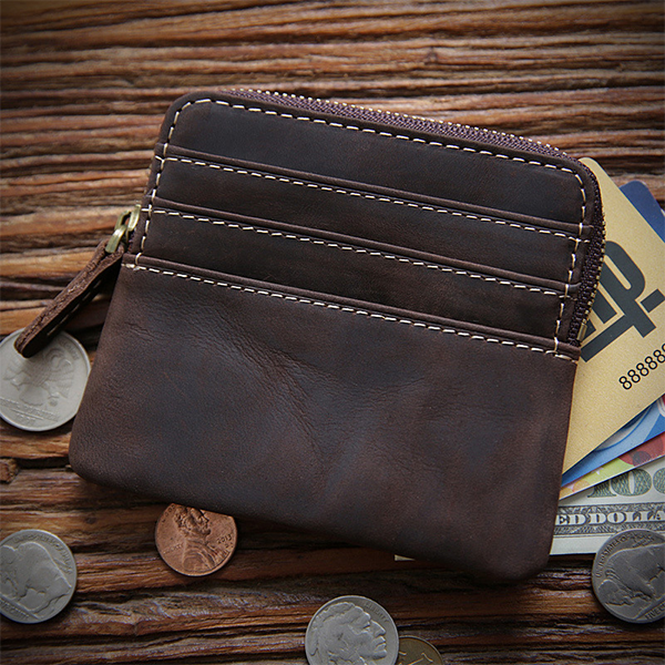 Retro Handmade Leather Zipper Card Holders Wallets