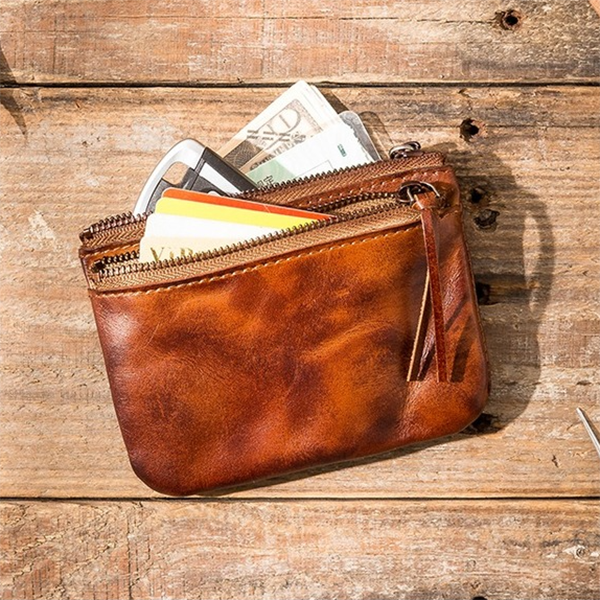 Retro Leather Handmade Zipper Card Holder Small Wallets