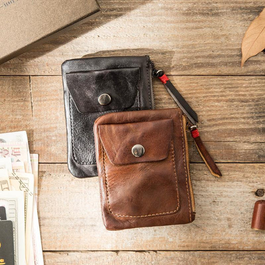 Handmade Genuine Leather Zip Card Holder Wallets