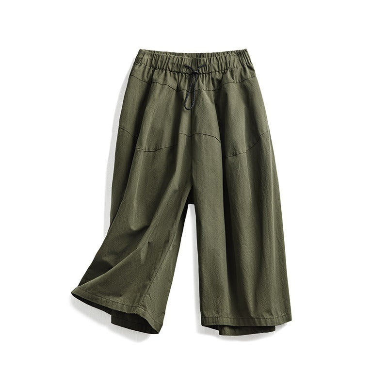 Retro Elastic Waist Green Cargo Culottes Pants