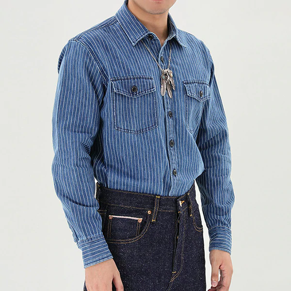 Retro Stripe Denim Shirts In Blue