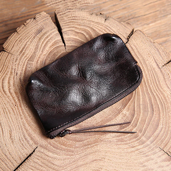 Retro Genuine Leather Short Zip Coin Purse Wallet