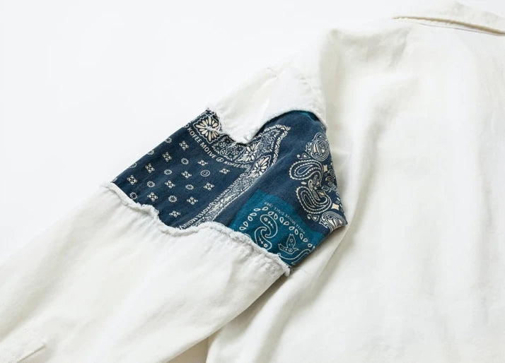 Retro Ethnic Blue Cashew Flower Stitching Men's Long-sleeved Shirt
