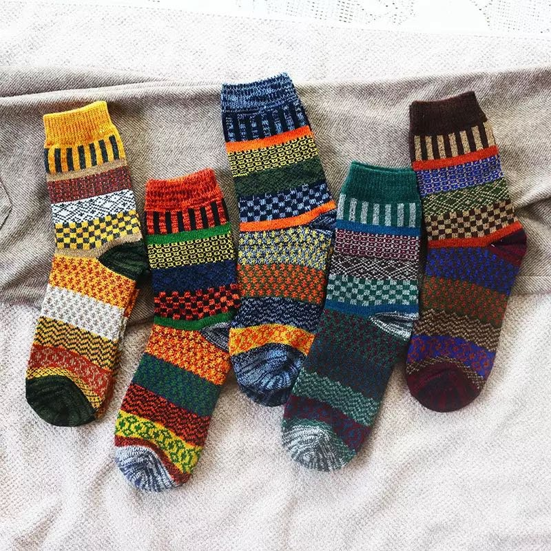 5 Pairs 5Colors Men's Retro Ethnic Style Woolen Socks