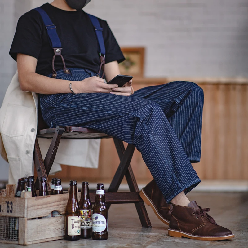 Men's Canvas Striped Naval Dungaree In Blue Scottish Plaid Salvaged Jeans