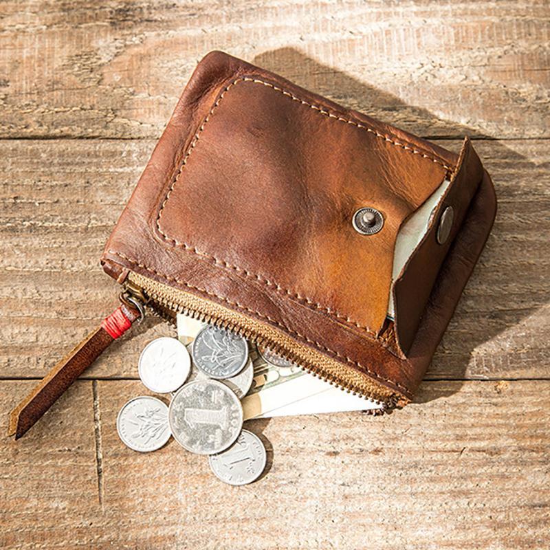 Handmade Genuine Leather Zip Card Holder Wallets