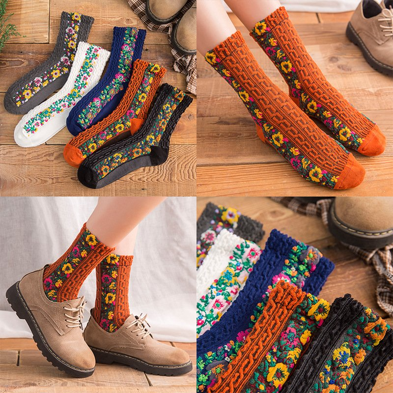 Women 5 Pairs Retro Ethnic Style Socks