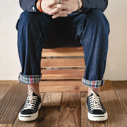 Men's Canvas Striped Naval Dungaree In Blue Scottish Plaid Salvaged Jeans