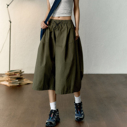 Retro Elastic Waist Green Cargo Culottes Pants