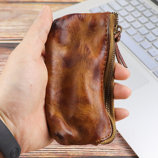 Retro Genuine Leather Short Zip Coin Purse Wallet