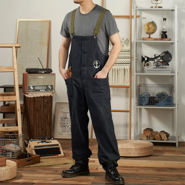 Retro Cargo Overalls Navy Deck Denim Bib Overalls Washed Denim Straight  Jeans Japanese Men's Pocket Jumpsuit Trendy Street Wear