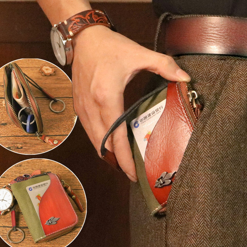 Retro Leather & Canvas Zipper Short Wallets