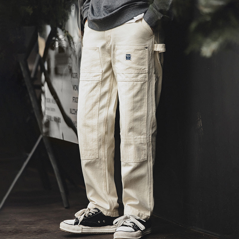 Retro Multi-pockets Workwear Beige Pants